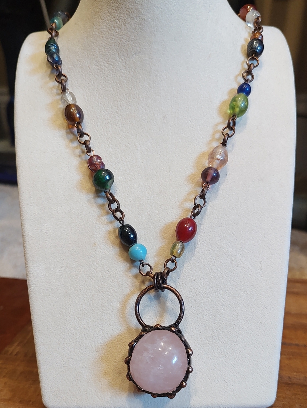 Electroformed Copper Rose Quartz Rough Stone & Beaded Copper Necklace